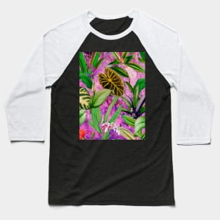 Stylish Tropical floral leaves and foliage botanical illustration, botanical pattern, tropical plants, pink purple leaves pattern over a Baseball T-Shirt